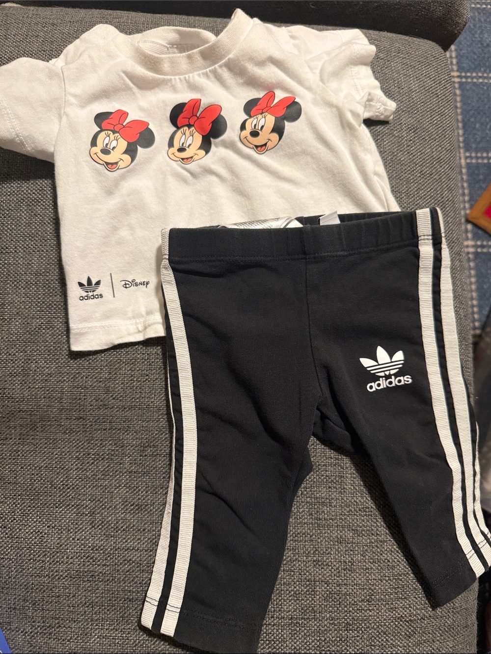 adidas x Disney Minnie Mouse Baby shirt and Black Leggings with White Stripes